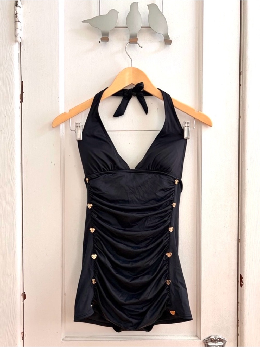 Juicy Couture Pin-up Girl Black Halter One-Piece Swimsuit with Gold Accents